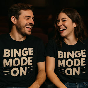 Person wearing the black graphic tee graphic tee - "Binge Mode On" design