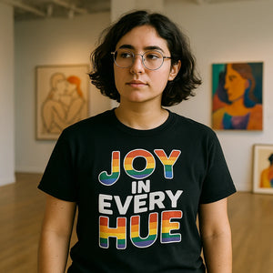 Lifestyle shot of the "Joy in Every Hue" black lgbtq tee in a real-world setting