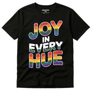 Black Lgbtq Tee - "Joy in Every Hue" graphic tee with gray print, flat lay product photo