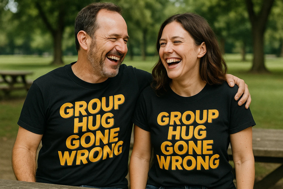 Person wearing the black family life t shirt graphic tee - "Group Hug Gone Wrong" design