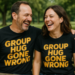 Person wearing the black family life t shirt graphic tee - "Group Hug Gone Wrong" design