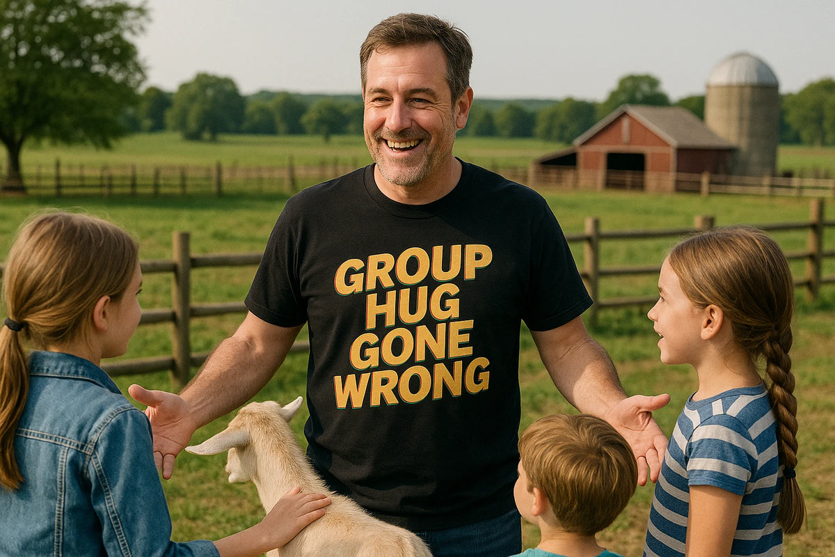 Lifestyle shot of the "Group Hug Gone Wrong" black family life t shirt in a real-world setting