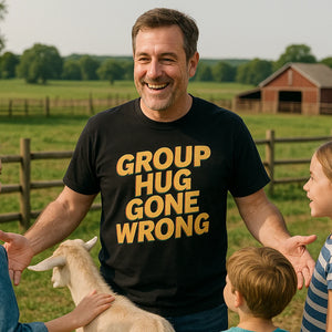 Lifestyle shot of the "Group Hug Gone Wrong" black family life t shirt in a real-world setting