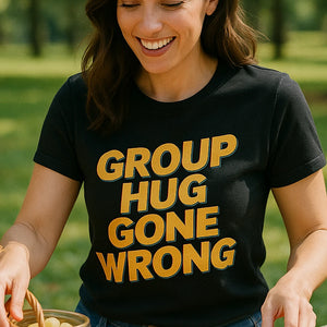 "Group Hug Gone Wrong" black family life t shirt, photographed as family life lover gift