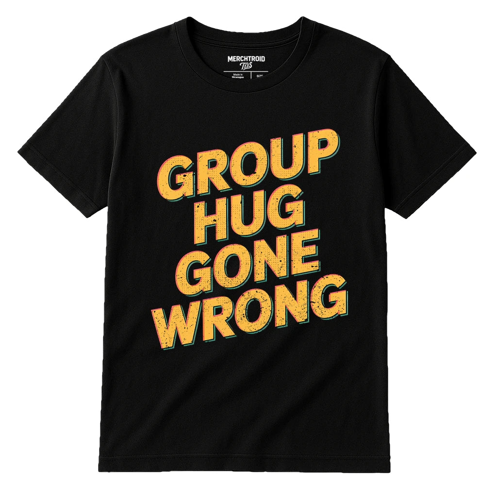 Black Family Life T Shirt - "Group Hug Gone Wrong" graphic tee with yellow print, flat lay product photo