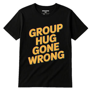 Black Family Life T Shirt - "Group Hug Gone Wrong" graphic tee with yellow print, flat lay product photo