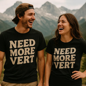 Person wearing the black mountaineer shirts graphic tee - "Need More Vert" design