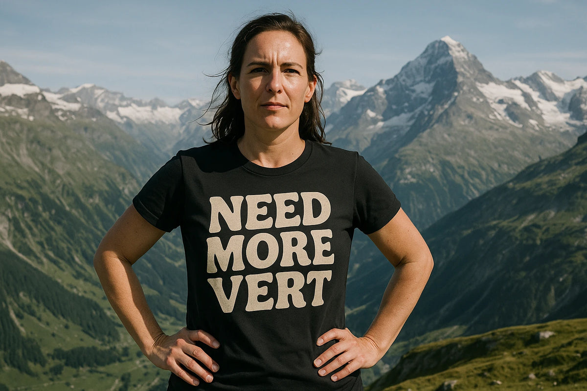 Lifestyle shot of the "Need More Vert" black mountaineer shirts in a real-world setting