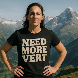 Lifestyle shot of the "Need More Vert" black mountaineer shirts in a real-world setting