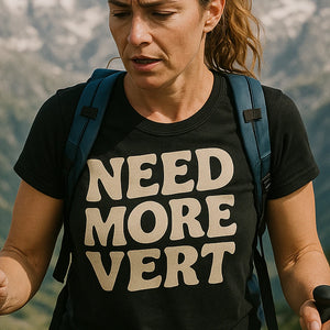 "Need More Vert" black mountaineer shirts, photographed as mountaineer lover gift