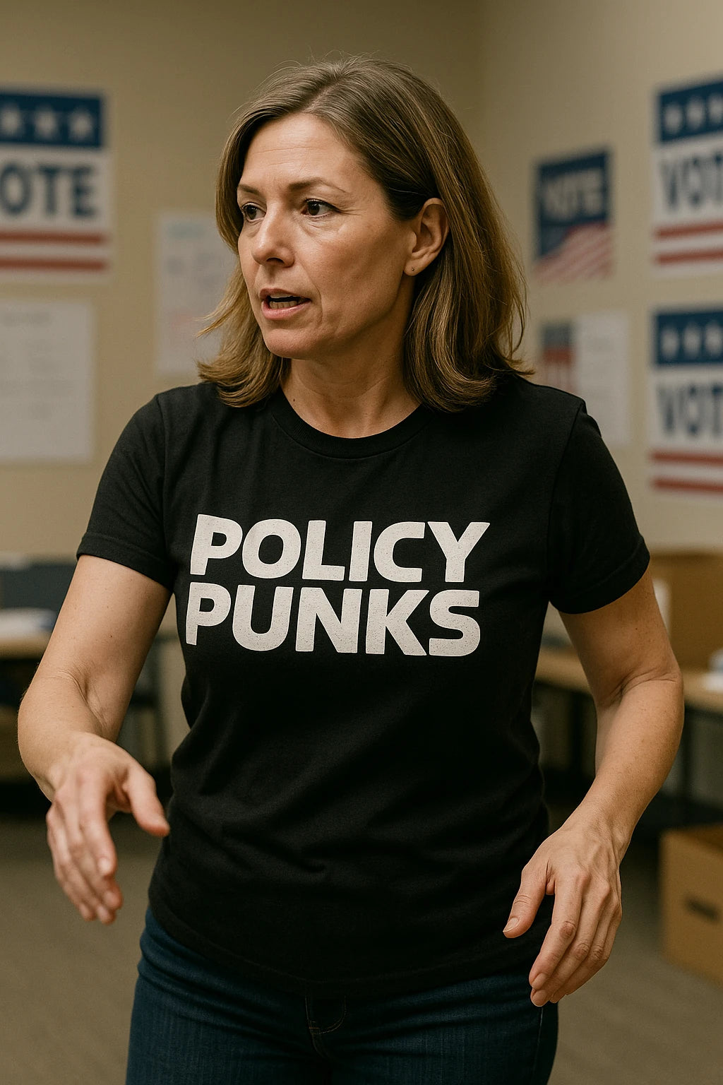 "Policy Punks" black no politics t shirt, photographed as gifts for politics lovers