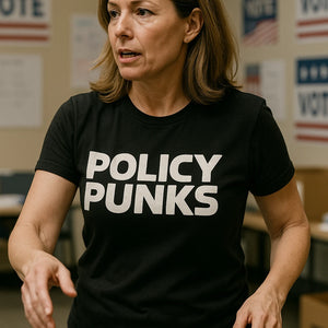 "Policy Punks" black no politics t shirt, photographed as gifts for politics lovers