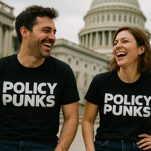Person wearing the black no politics t shirt graphic tee - "Policy Punks" design