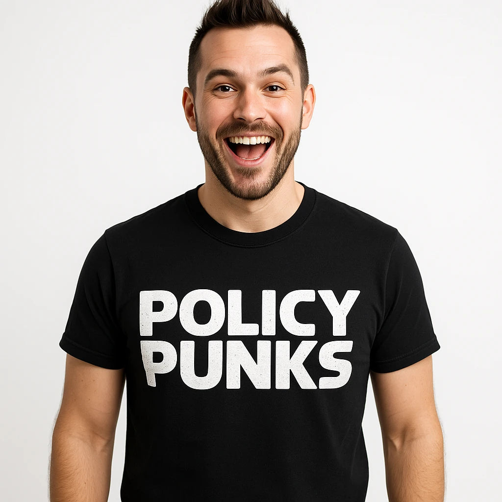 Close-up of the "Policy Punks" white print on a premium Bella+Canvas black no politics t shirt
