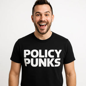 Close-up of the "Policy Punks" white print on a premium Bella+Canvas black no politics t shirt