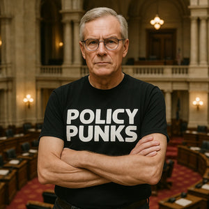 Lifestyle shot of the "Policy Punks" black no politics t shirt in a real-world setting