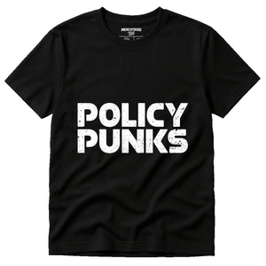 Black No Politics T Shirt - "Policy Punks" graphic tee with white print, flat lay product photo