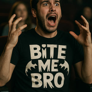 "Bite Me Bro" black energy vampire t shirt, photographed as gifts for vampire lovers