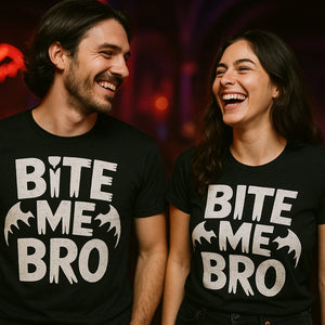 Person wearing the black energy vampire t shirt graphic tee - "Bite Me Bro" design