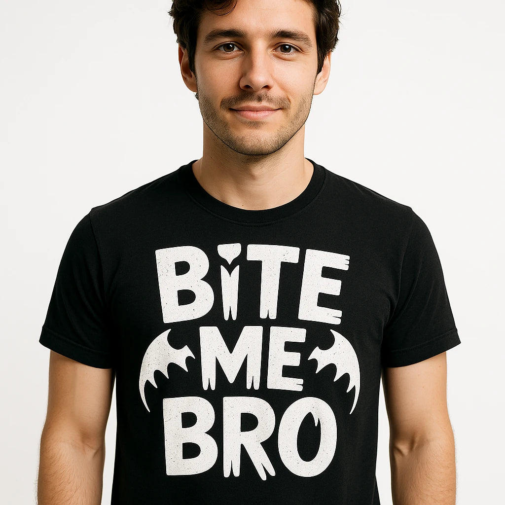 Close-up of the "Bite Me Bro" white print on a premium Bella+Canvas black energy vampire t shirt