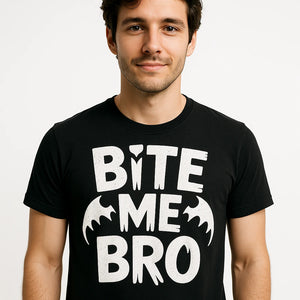 Close-up of the "Bite Me Bro" white print on a premium Bella+Canvas black energy vampire t shirt