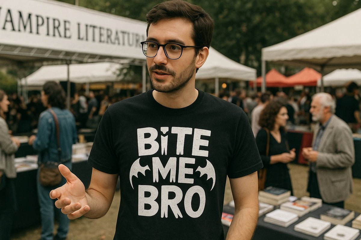 Lifestyle shot of the "Bite Me Bro" black energy vampire t shirt in a real-world setting