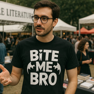 Lifestyle shot of the "Bite Me Bro" black energy vampire t shirt in a real-world setting