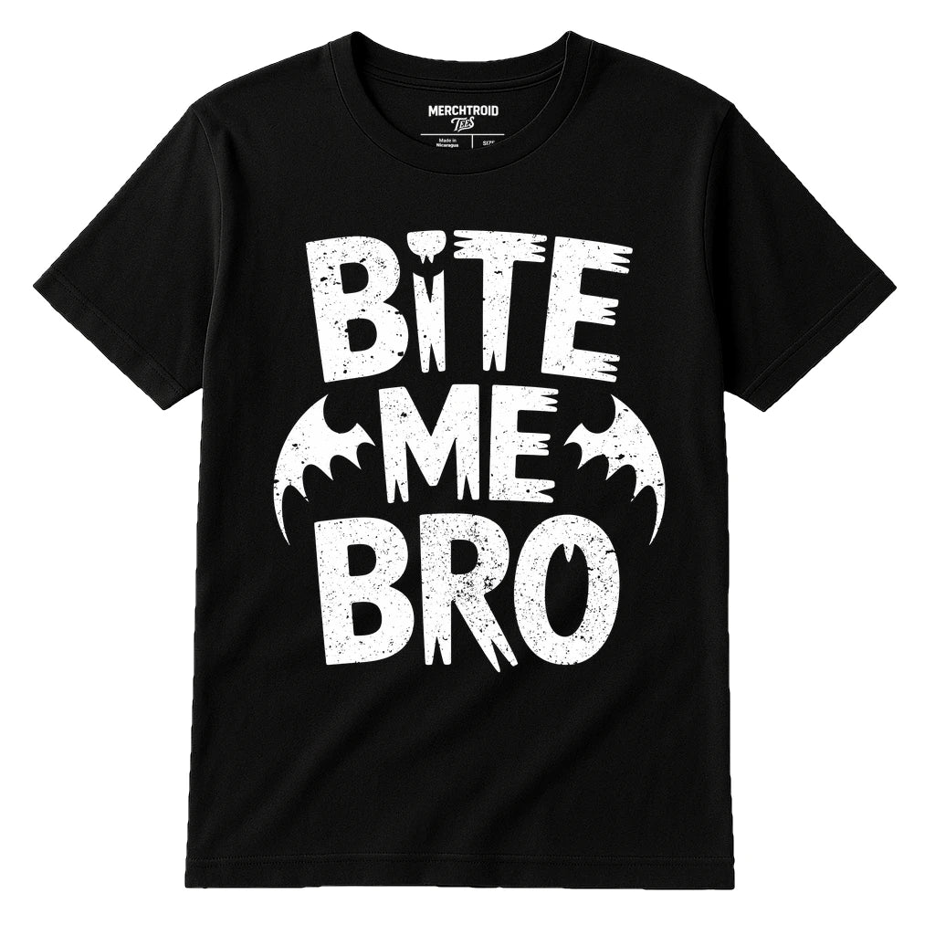 Black Energy Vampire T Shirt - "Bite Me Bro" graphic tee with white print, flat lay product photo