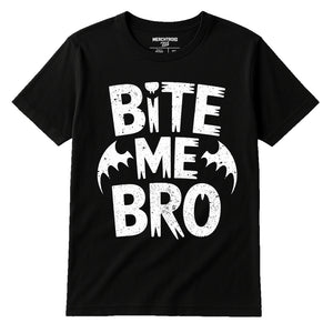 Black Energy Vampire T Shirt - "Bite Me Bro" graphic tee with white print, flat lay product photo