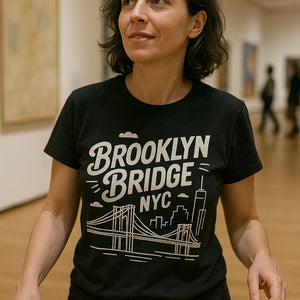 "Brooklyn Bridge NYC" black new york city t shirt, photographed as gifts for new york city lovers