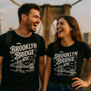 Person wearing the black new york city t shirt graphic tee - "Brooklyn Bridge NYC" design