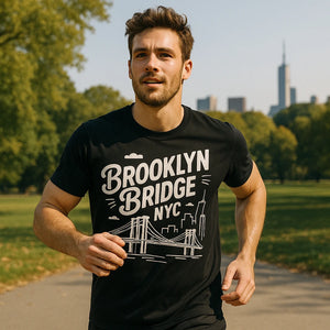 Lifestyle shot of the "Brooklyn Bridge NYC" black new york city t shirt in a real-world setting
