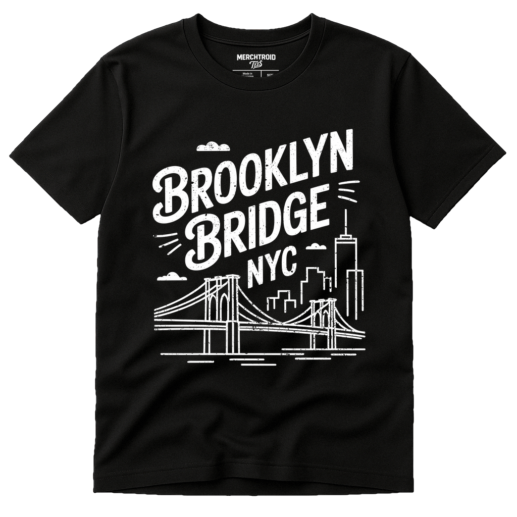 Black New York City T Shirt - "Brooklyn Bridge NYC" graphic tee with white print, flat lay product photo