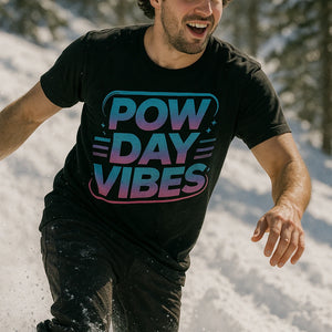 "Pow Day Vibes" black snowboarding t shirt - also a thermal shirt for snowboarding
