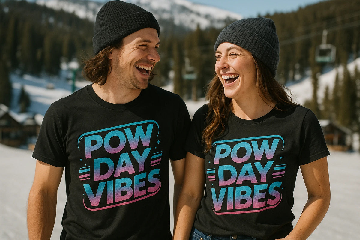 Person wearing the black snowboarding t shirt graphic tee - "Pow Day Vibes" design