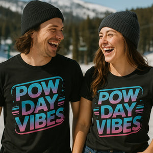 Person wearing the black snowboarding t shirt graphic tee - "Pow Day Vibes" design