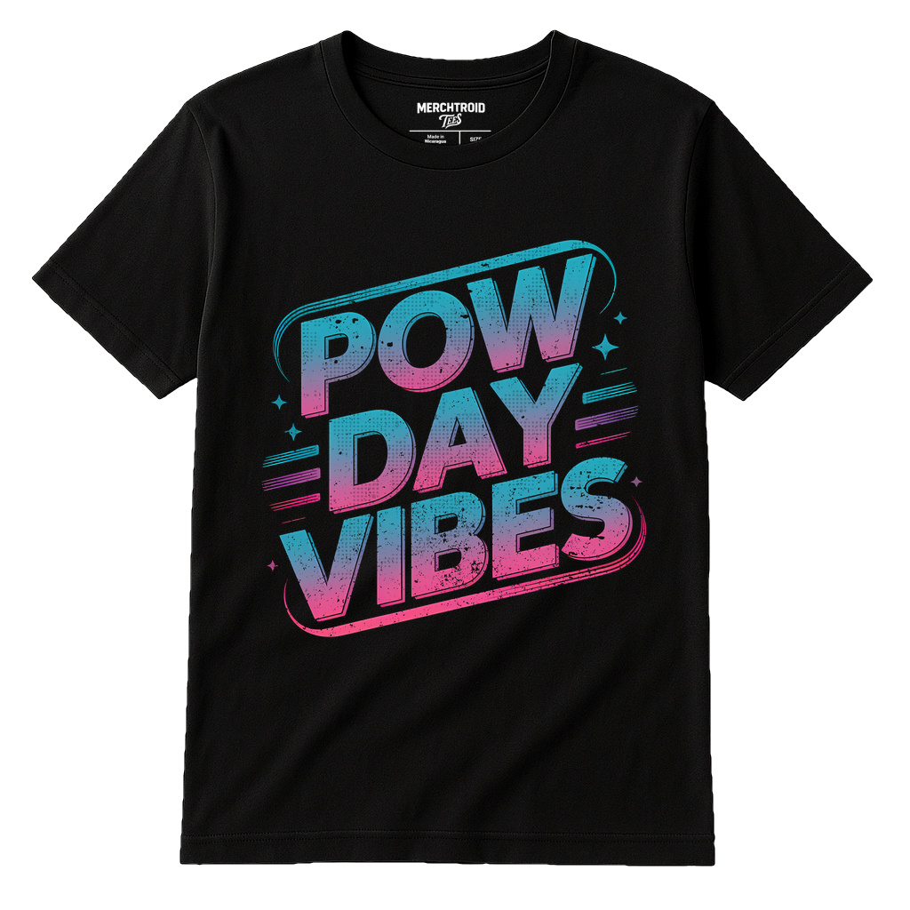 Black Snowboarding T Shirt - "Pow Day Vibes" graphic tee with teal print, flat lay product photo