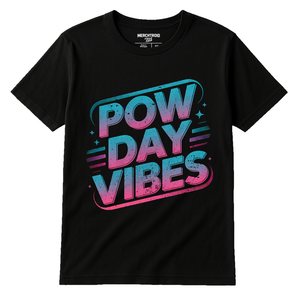 Black Snowboarding T Shirt - "Pow Day Vibes" graphic tee with teal print, flat lay product photo