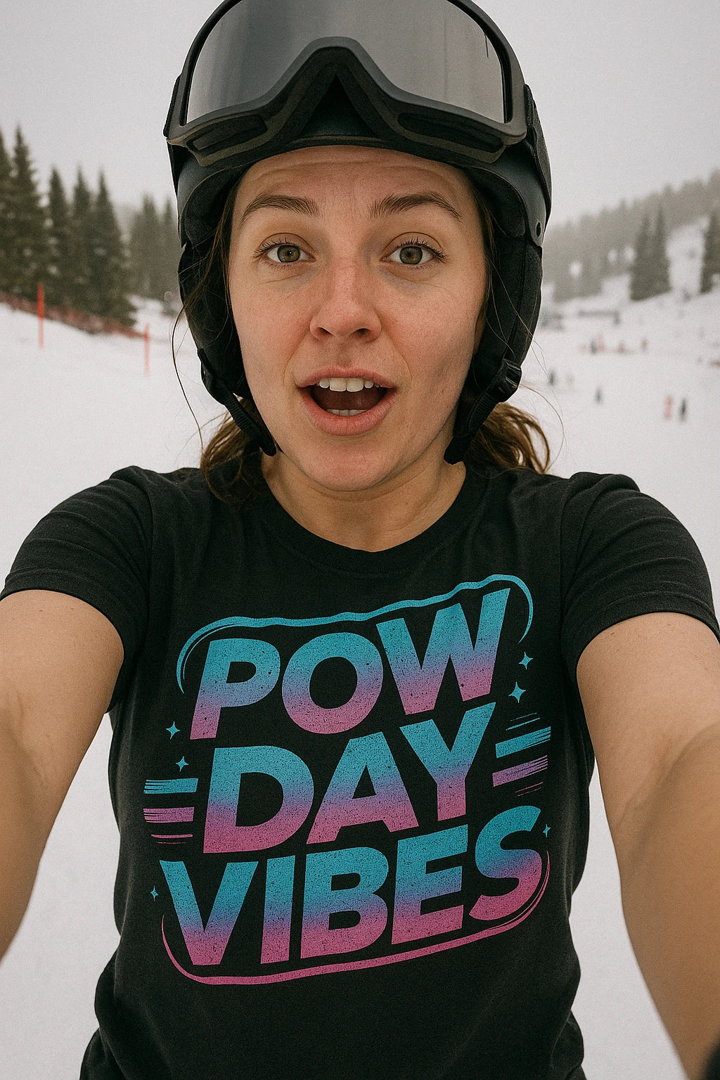 "Pow Day Vibes" black snowboarding t shirt, photographed as gifts for snowboarding lovers