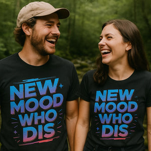 Person wearing the black newt shirts graphic tee - "Newt Mood Who Dis" design