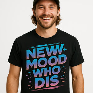 Close-up of the "Newt Mood Who Dis" blue print on a premium Bella+Canvas black newt shirts