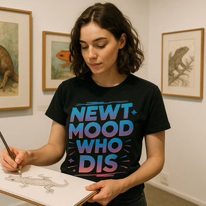 Lifestyle shot of the "Newt Mood Who Dis" black newt shirts in a real-world setting