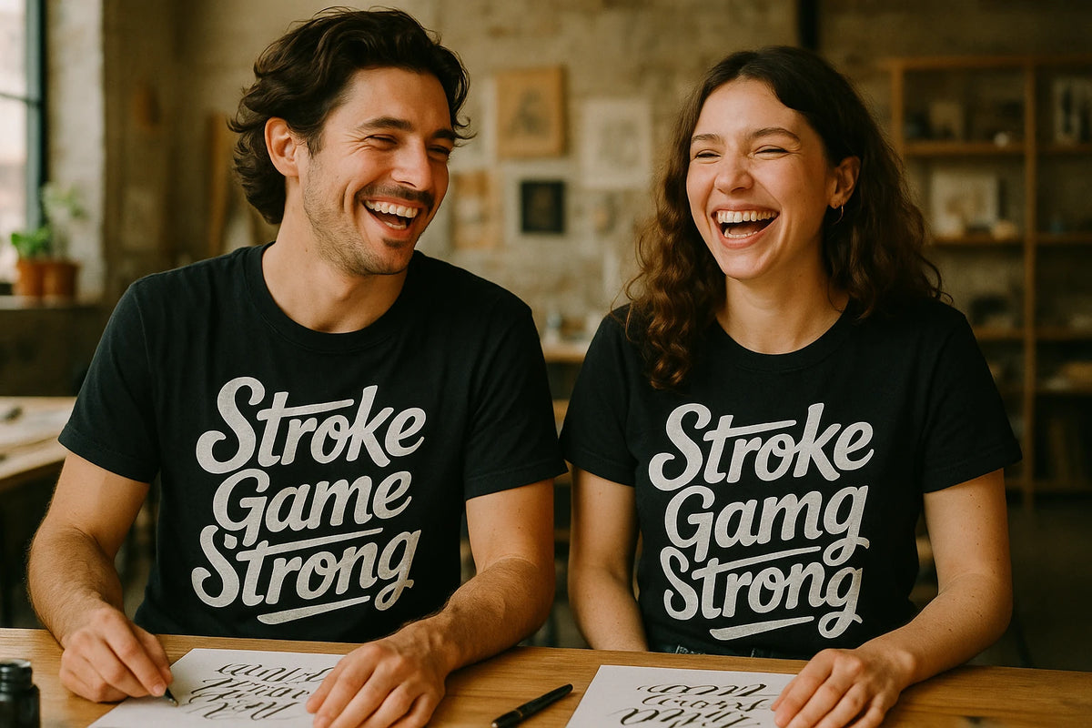 Person wearing the black arabic calligraphy t shirt graphic tee - "Stroke Game Strong" design