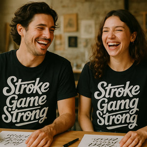 Person wearing the black arabic calligraphy t shirt graphic tee - "Stroke Game Strong" design
