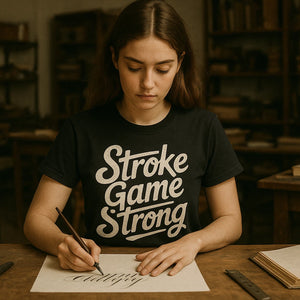 Lifestyle shot of the "Stroke Game Strong" black arabic calligraphy t shirt in a real-world setting