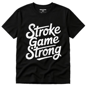 Black Arabic Calligraphy T Shirt - "Stroke Game Strong" graphic tee with white print, flat lay product photo