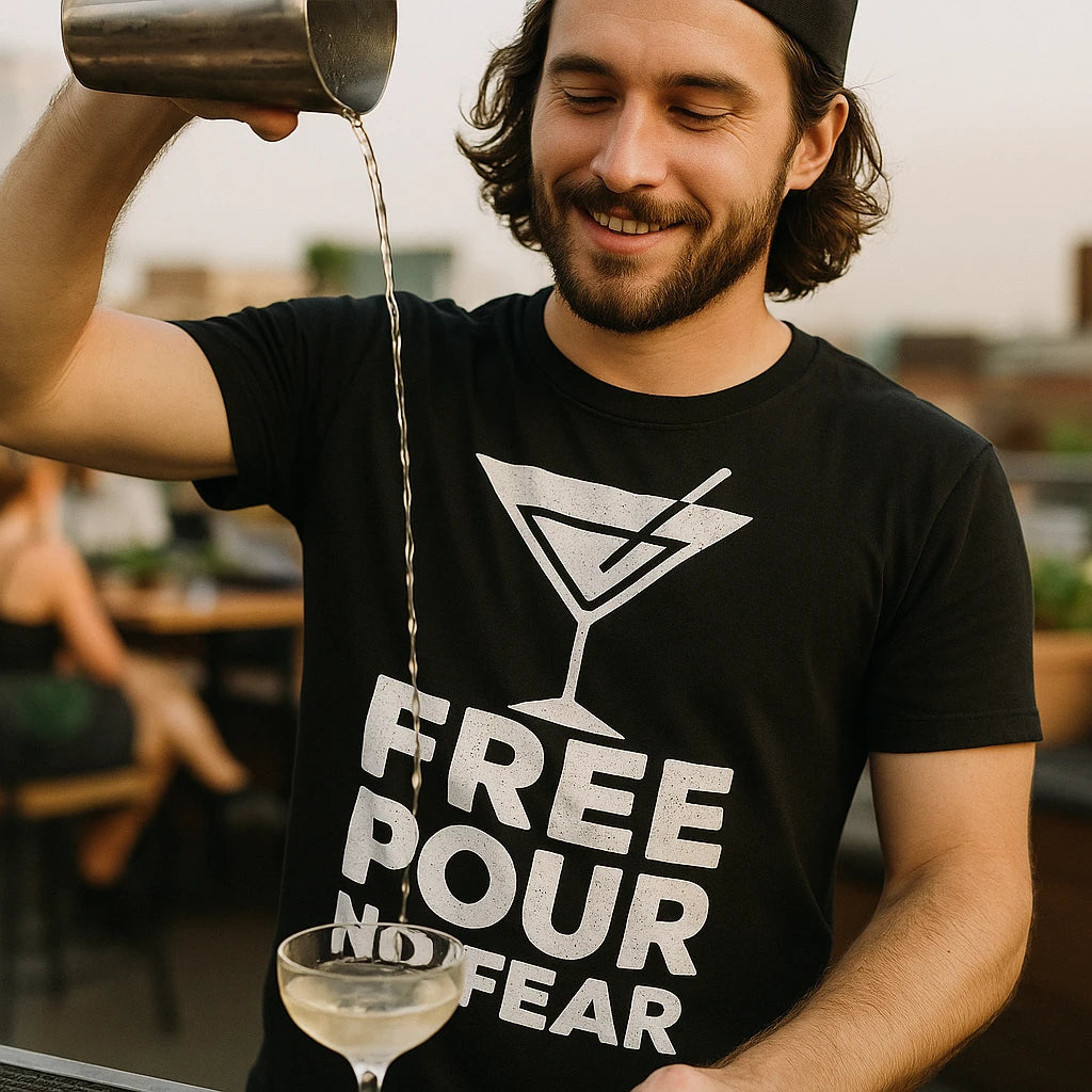 "Free Pour No Fear" black bartender t shirts funny - also one of the best gifts for the home bartender
