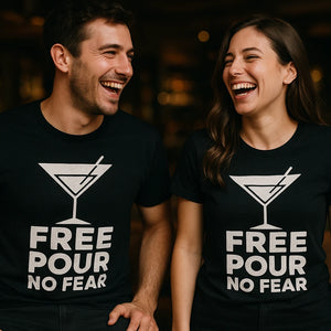 Person wearing the black bartender t shirts funny graphic tee - "Free Pour No Fear" design