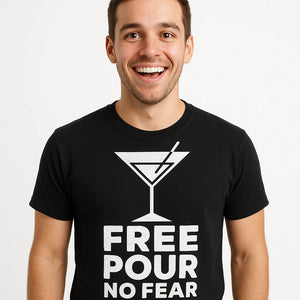 Close-up of the "Free Pour No Fear" white print on a premium Bella+Canvas black bartender t shirts funny