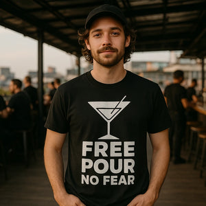 Lifestyle shot of the "Free Pour No Fear" black bartender t shirts funny in a real-world setting